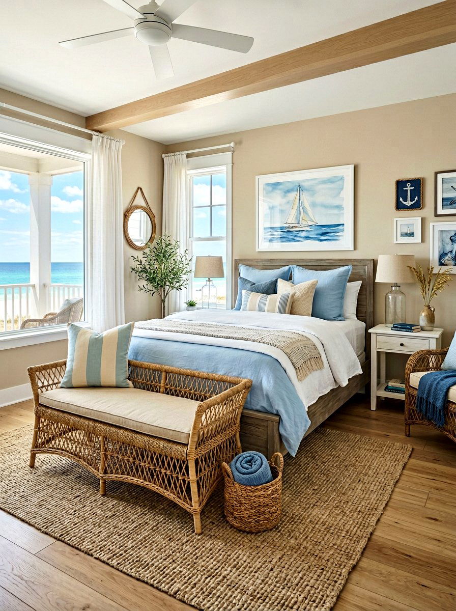 Coastal Bedroom With Wicker Bench - 30 bedroom bench ideas