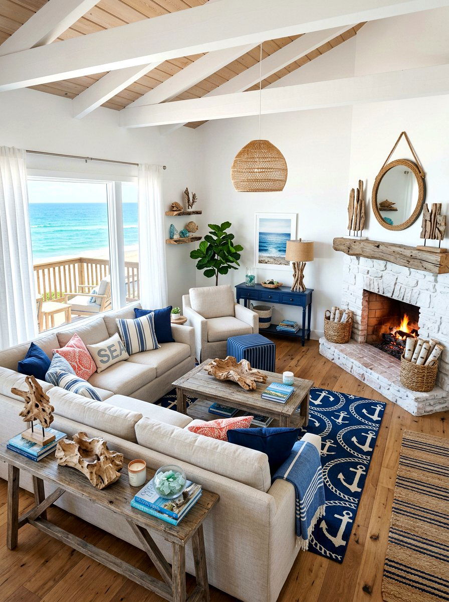 Coastal Blue And White Room - 30 corner fireplace ideas