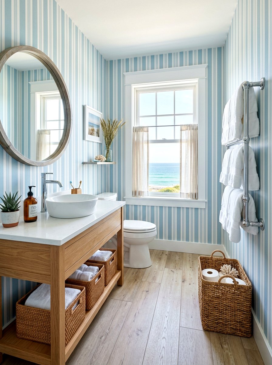 Coastal Blue And White Stripe Bathroom - 30 striped bathroom wallpaper ideas