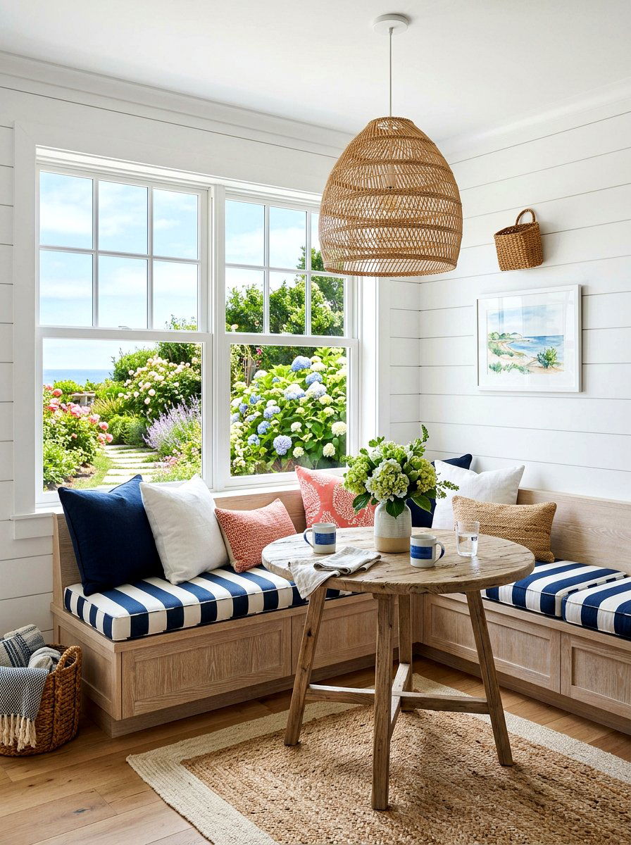 Coastal Blue Banquette Seating - 30 banquette window nook ideas