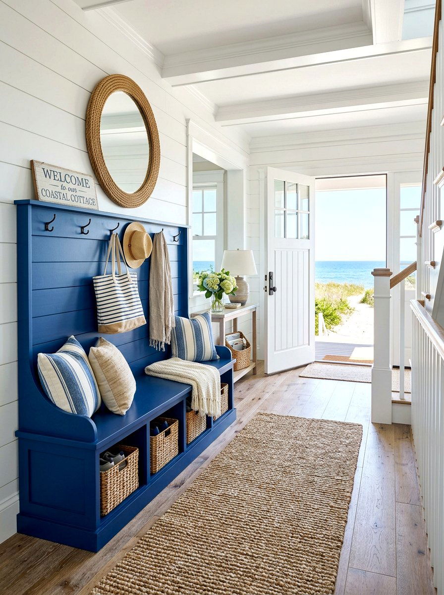 Coastal Blue Entryway Bench - 30 coastal home decor ideas