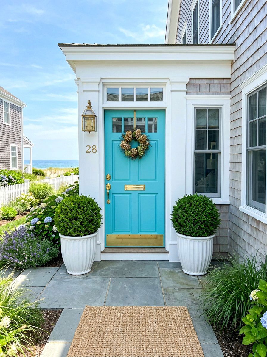 Coastal Blue Front Door - 30 coastal prep porch ideas