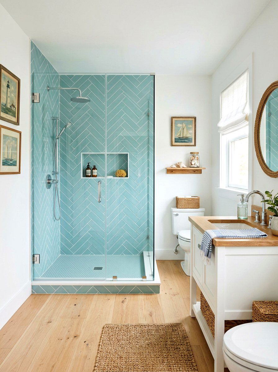 Coastal Blue Herringbone Shower - 30 herringbone shower tile ideas