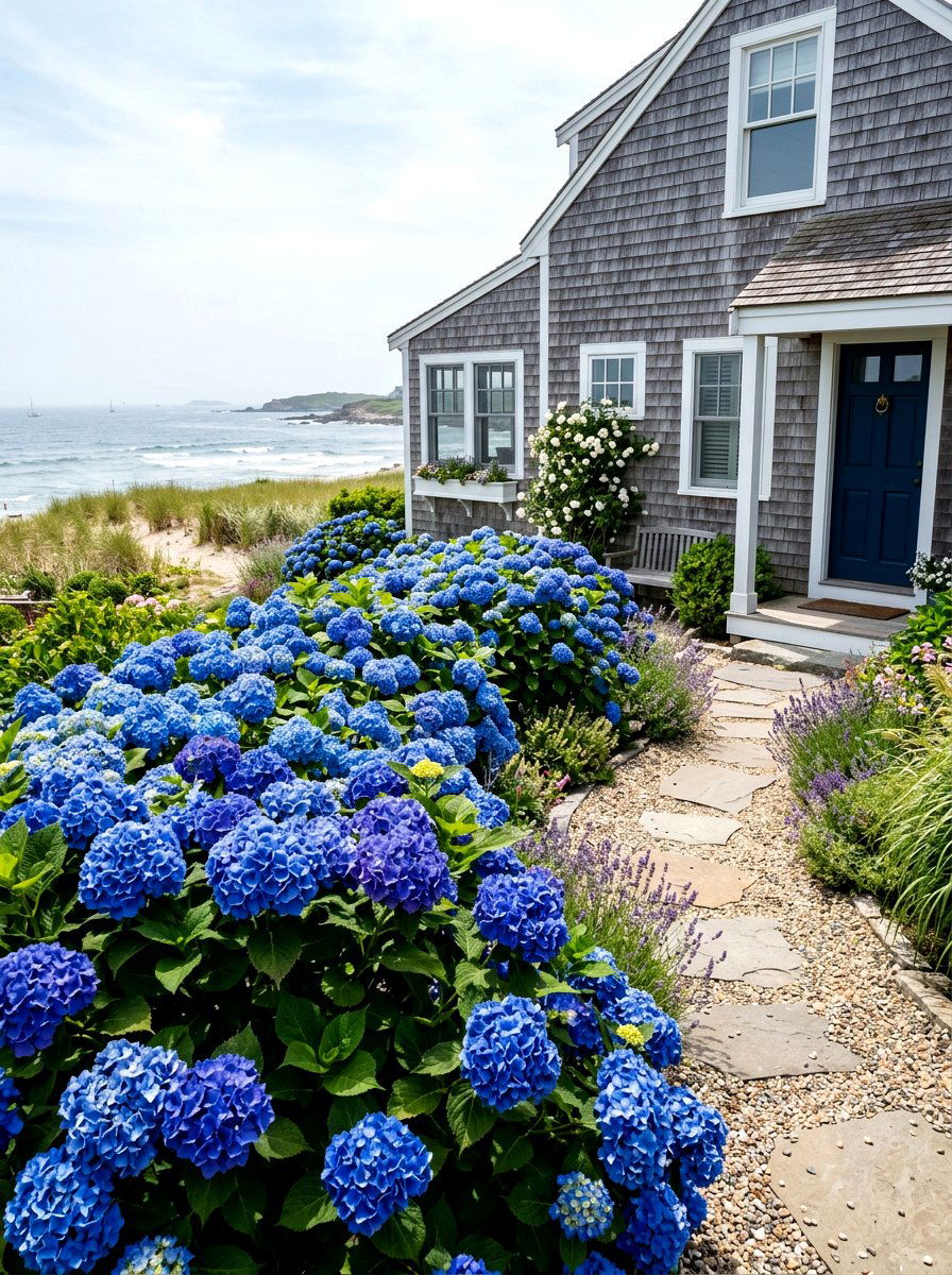 Coastal Blue Hydrangea Garden - 30 hydrangea border curb appeal ideas