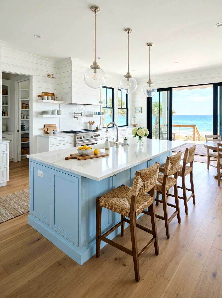Coastal Blue Kitchen Island - 30 modern farmhouse kitchen island ideas