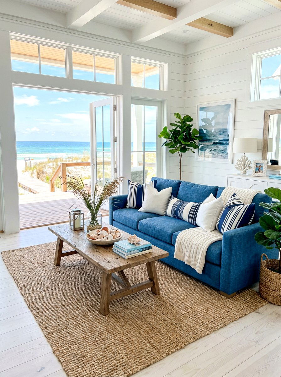 Coastal Blue Linen Sofa - 30 sofa styling ideas