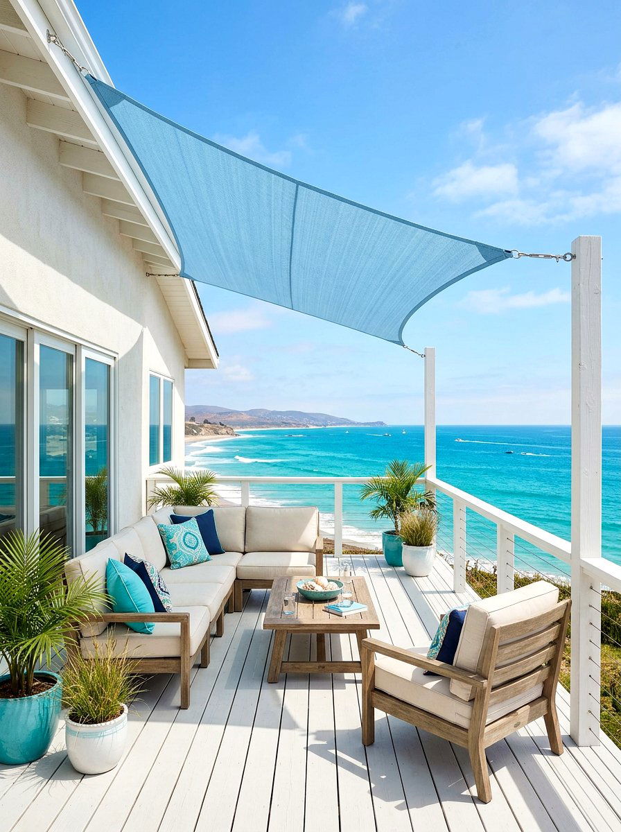 Coastal Blue Patio Sail - 30 sun sail patio ideas