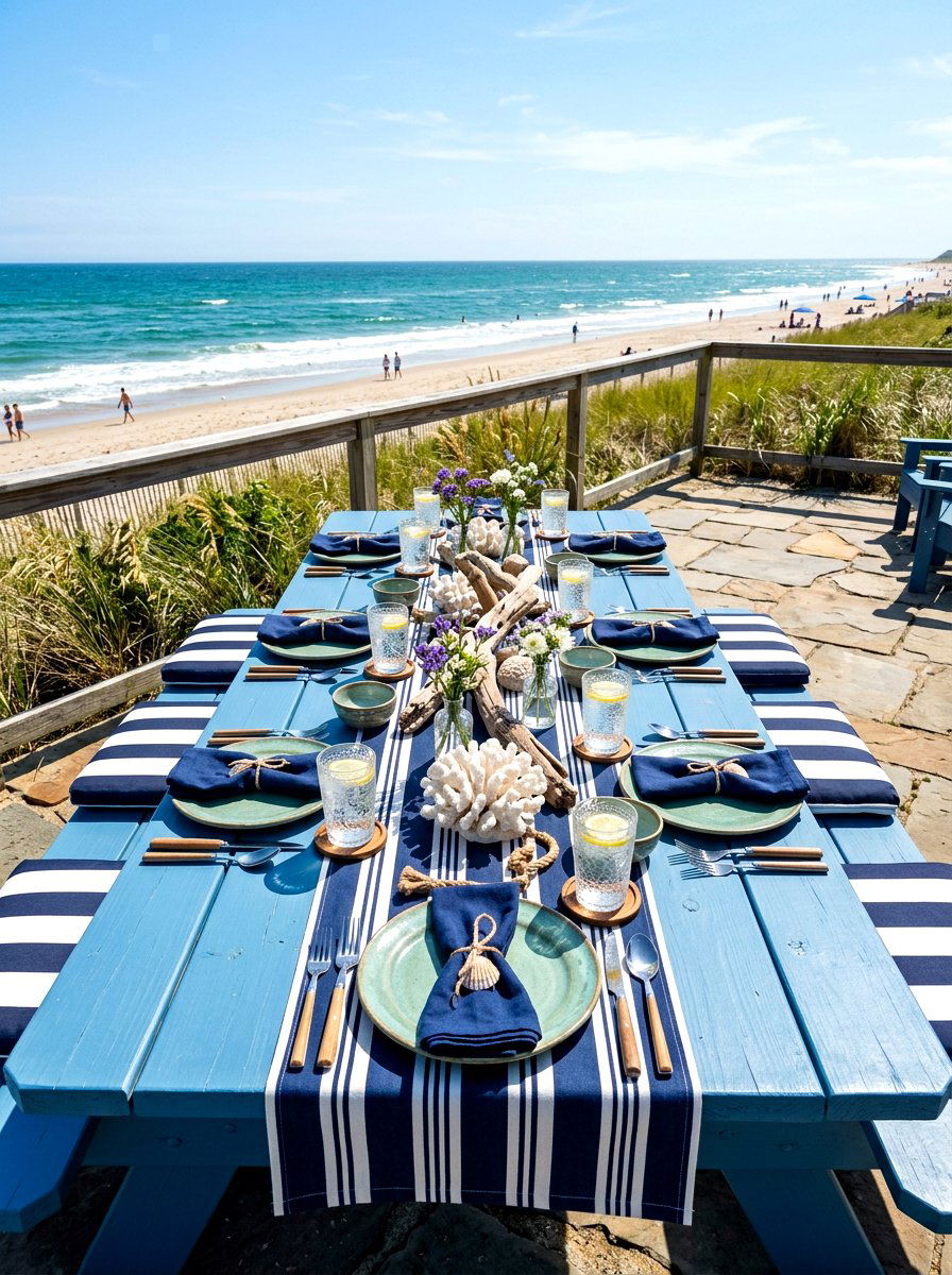 Coastal Blue Picnic Table - 30 outdoor picnic table decor ideas