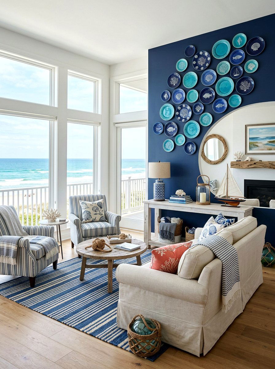 Coastal Blue Plate Wall - 30 plate wall display ideas