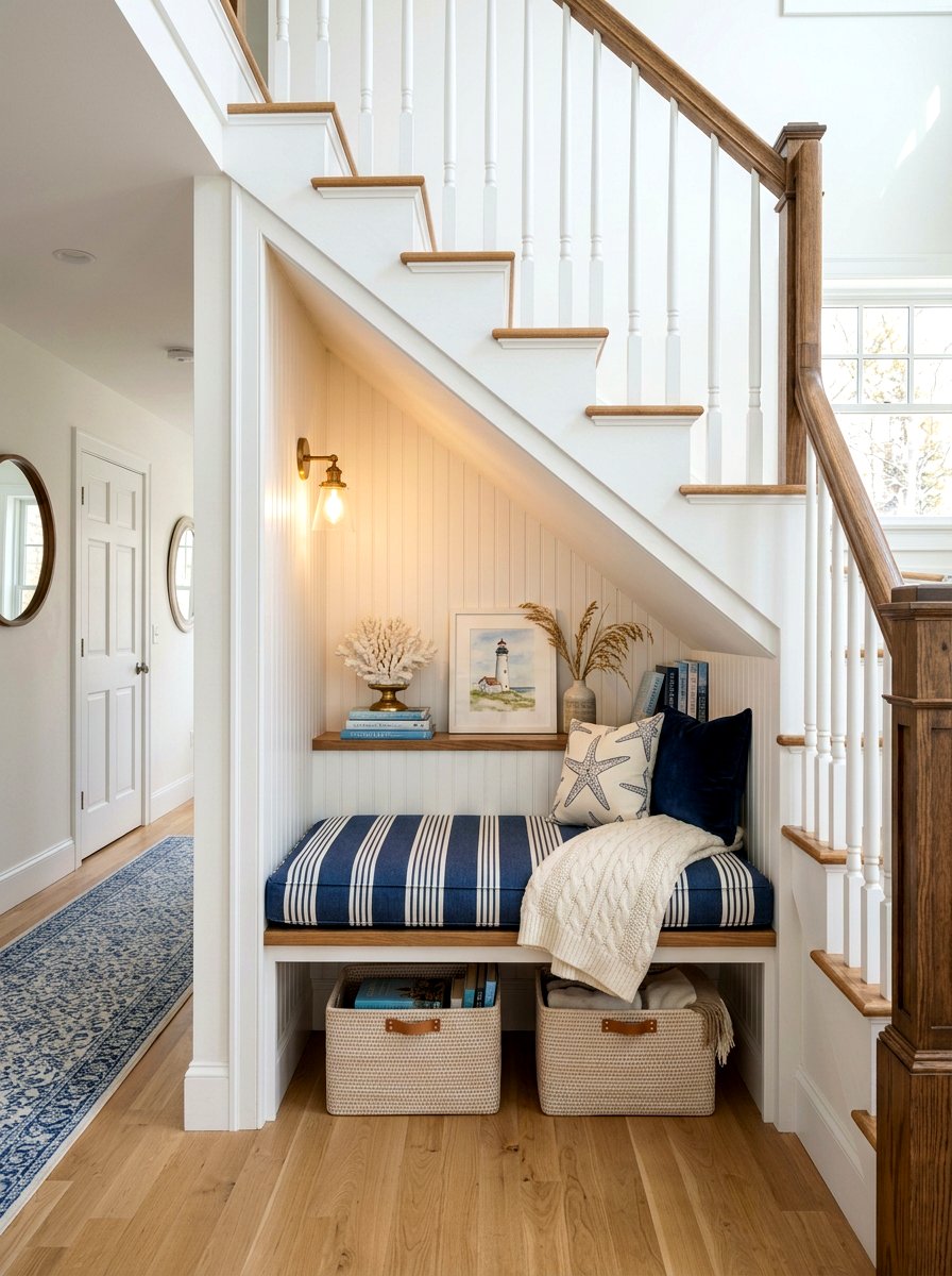 Coastal Blue Reading Alcove - 30 under stairs reading nook ideas