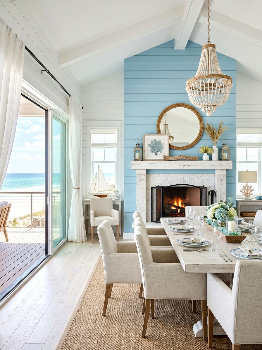 Coastal Blue Shiplap Fireplace - 30 dining room fireplace wall ideas