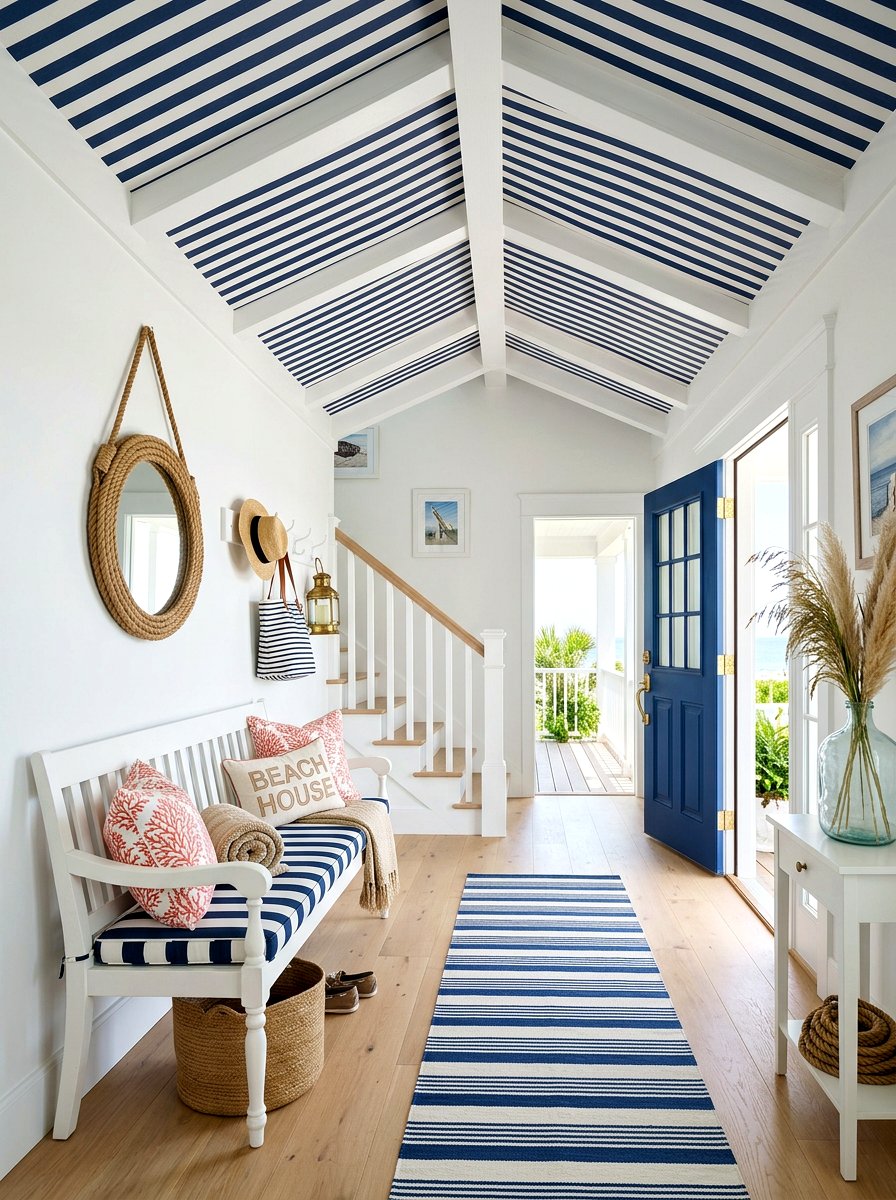 Coastal Blue Stripe Entryway - 30 wallpapered foyer ceiling ideas