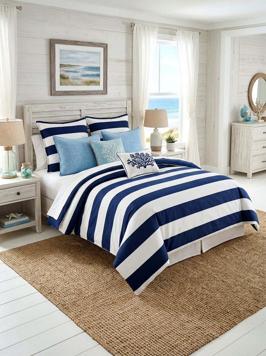 Coastal Blue Striped Bedding - 30 cozy bedscape ideas