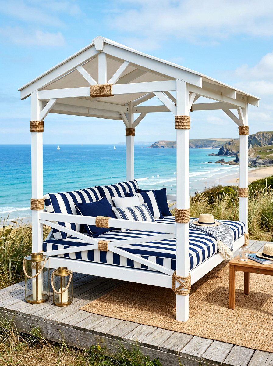 Coastal Blue Striped Daybed - 30 poolside daybed cabana ideas