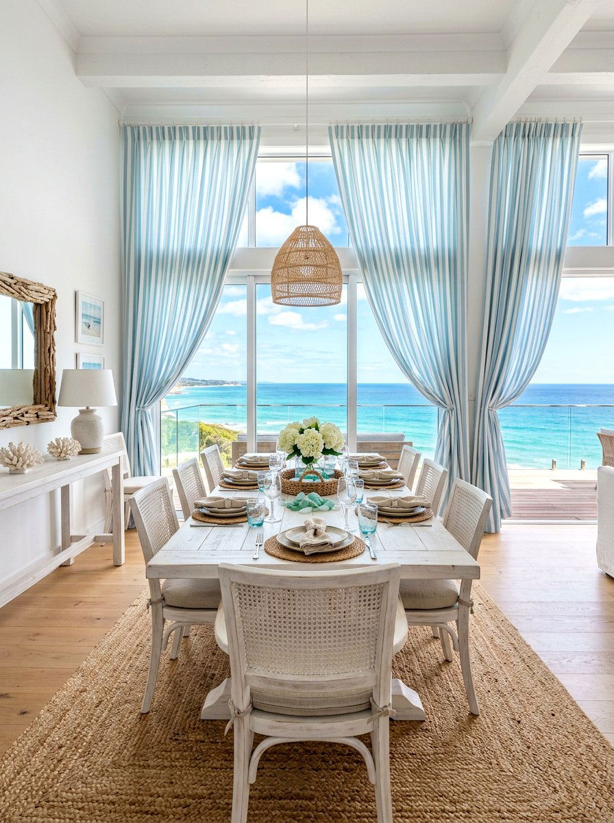 Coastal Blue Striped Drapes - 30 dining room drapery ideas