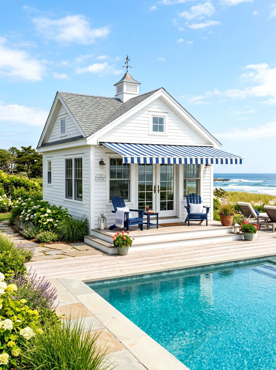 Coastal Blue Striped Guest Pool Cottage - 30 striped cabana backyard ideas