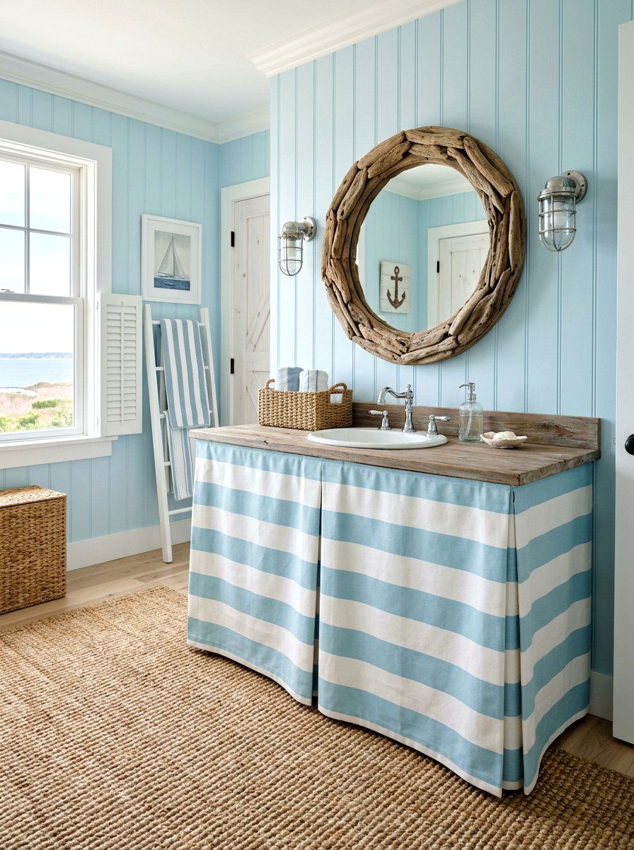 Coastal Blue Striped Vanity - 30 skirted powder room sink ideas