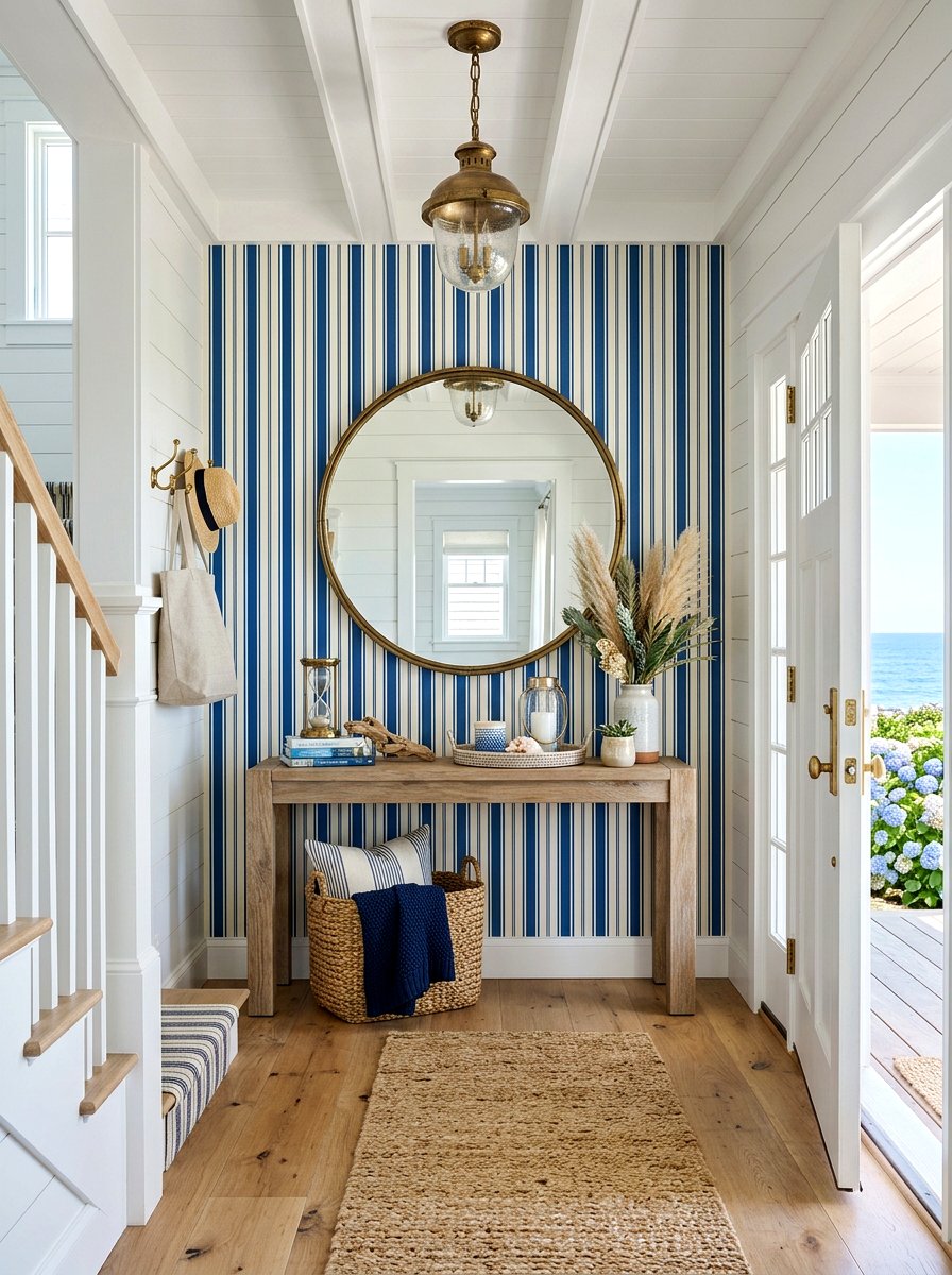 Coastal Blue Striped Wallpaper - 30 coastal home decor ideas