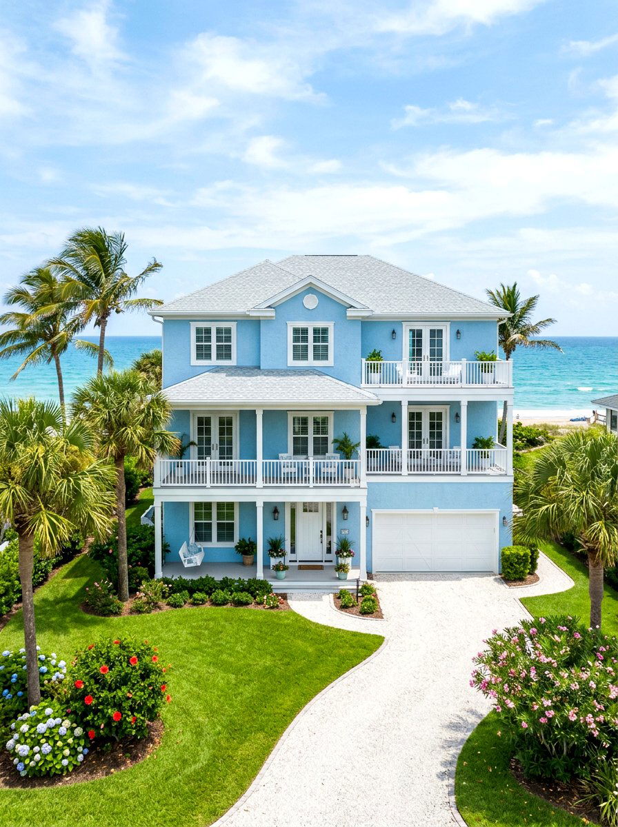 Coastal Blue Stucco House - 30 stucco house exterior ideas