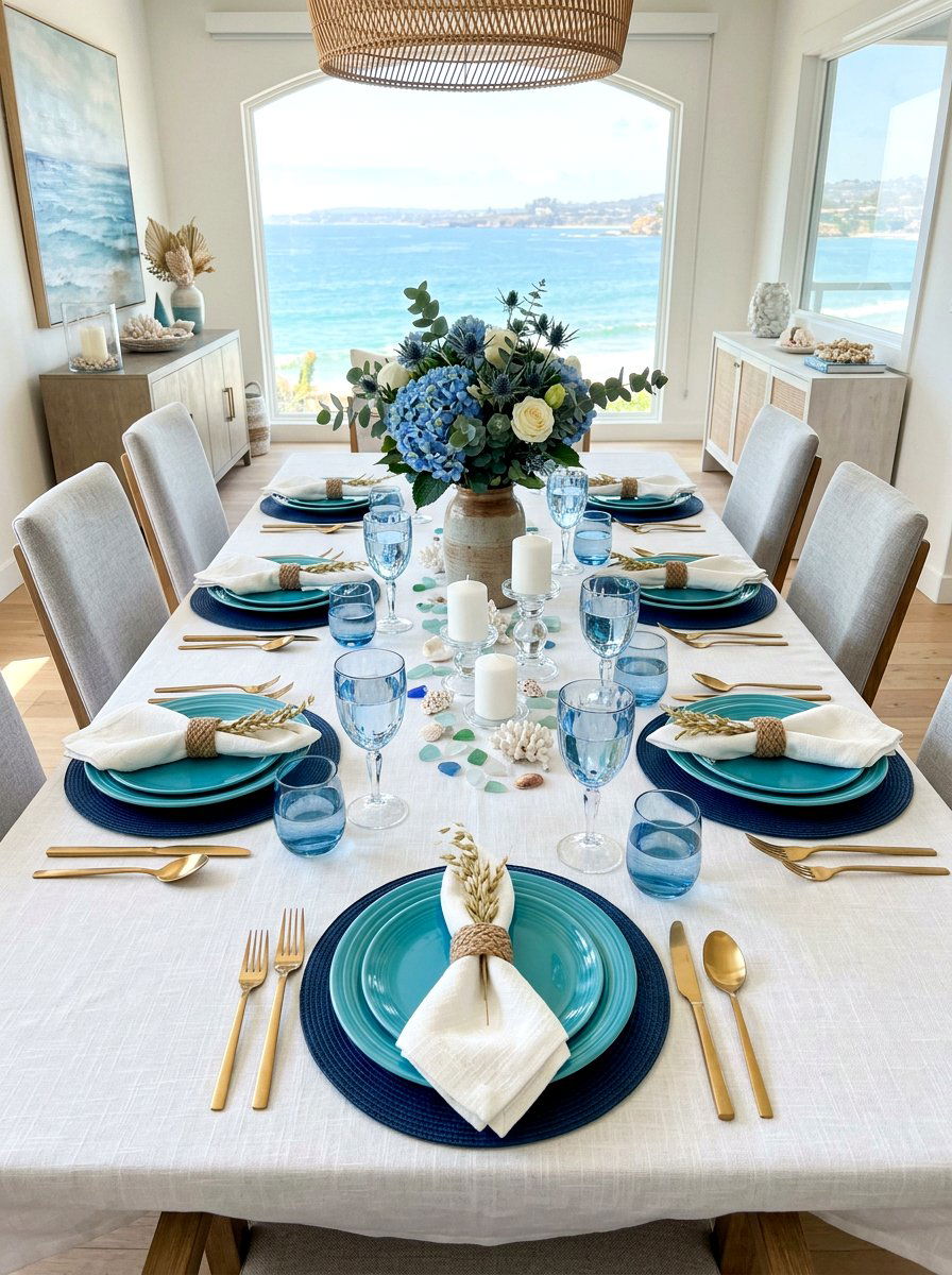 Coastal Blue Table Setting - 30 seafood dinner table ideas aesthetic