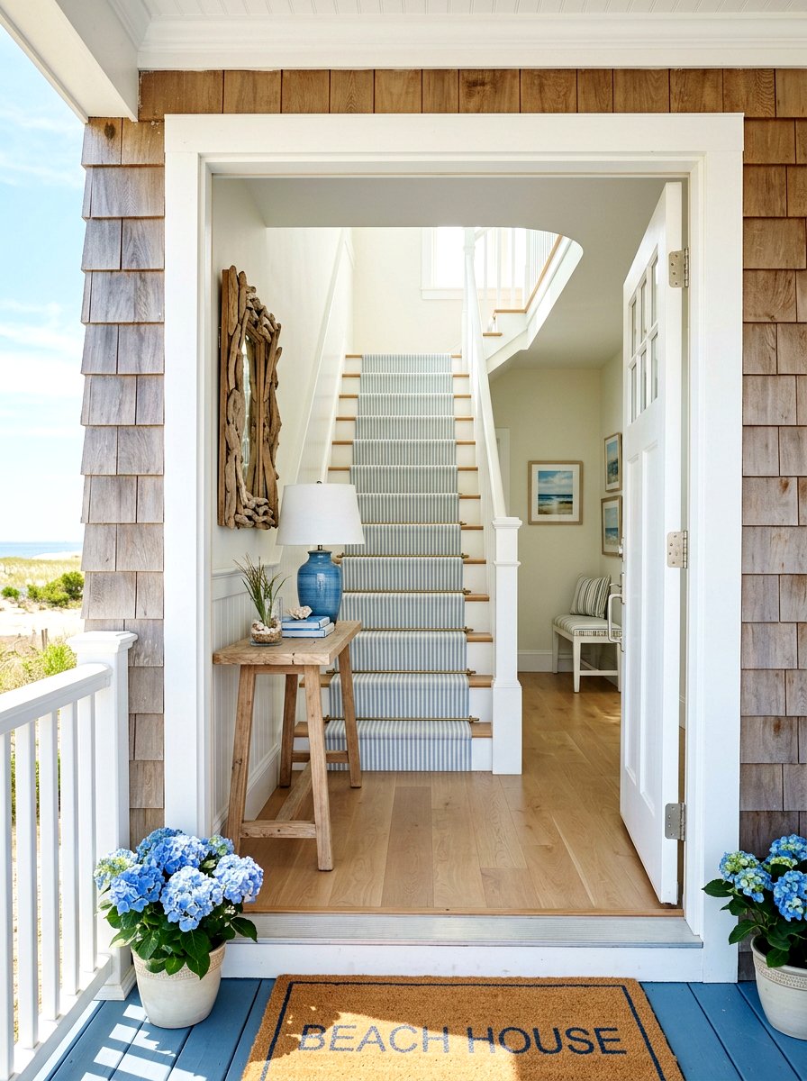 Coastal Blue Ticking Stripe Stair Runner - 30 stair runner stripe ideas