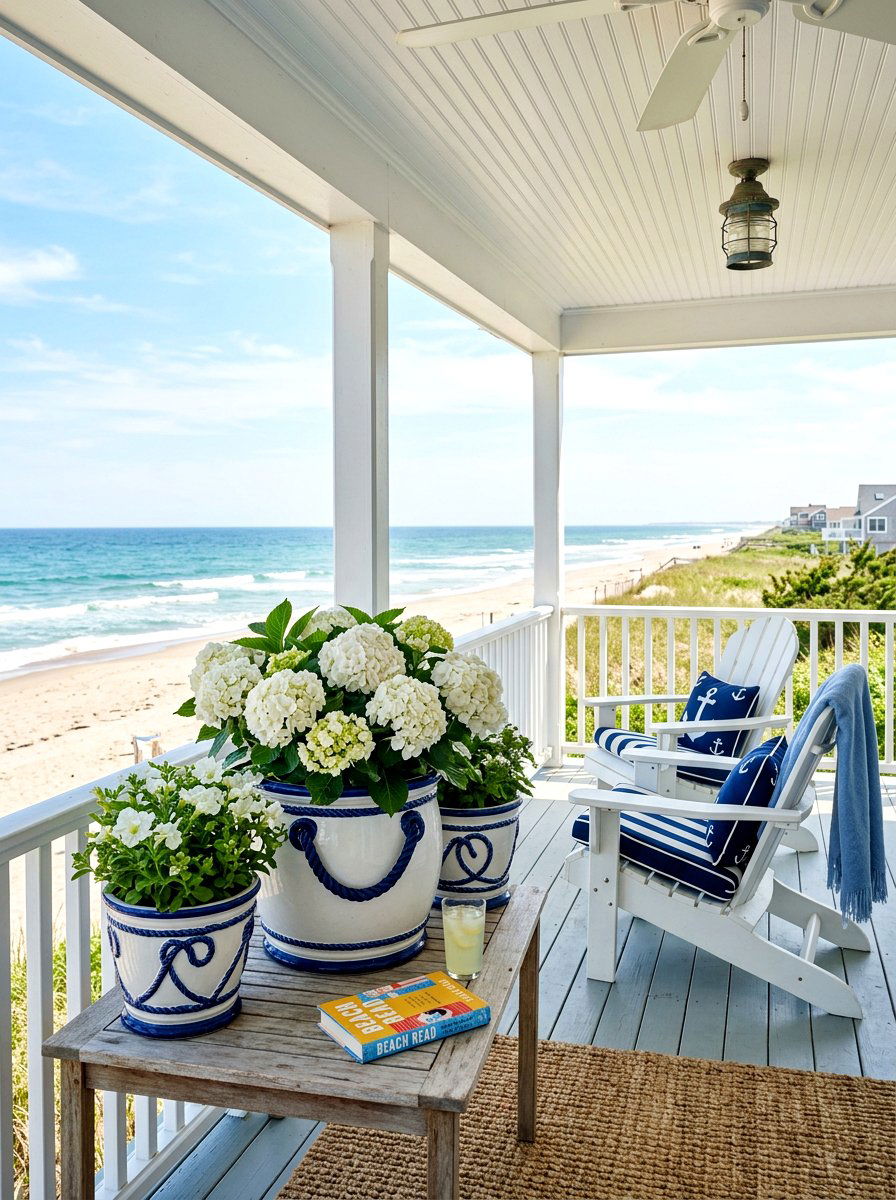 Coastal Blue White Porch Planter - 30 porch ceiling planter ideas