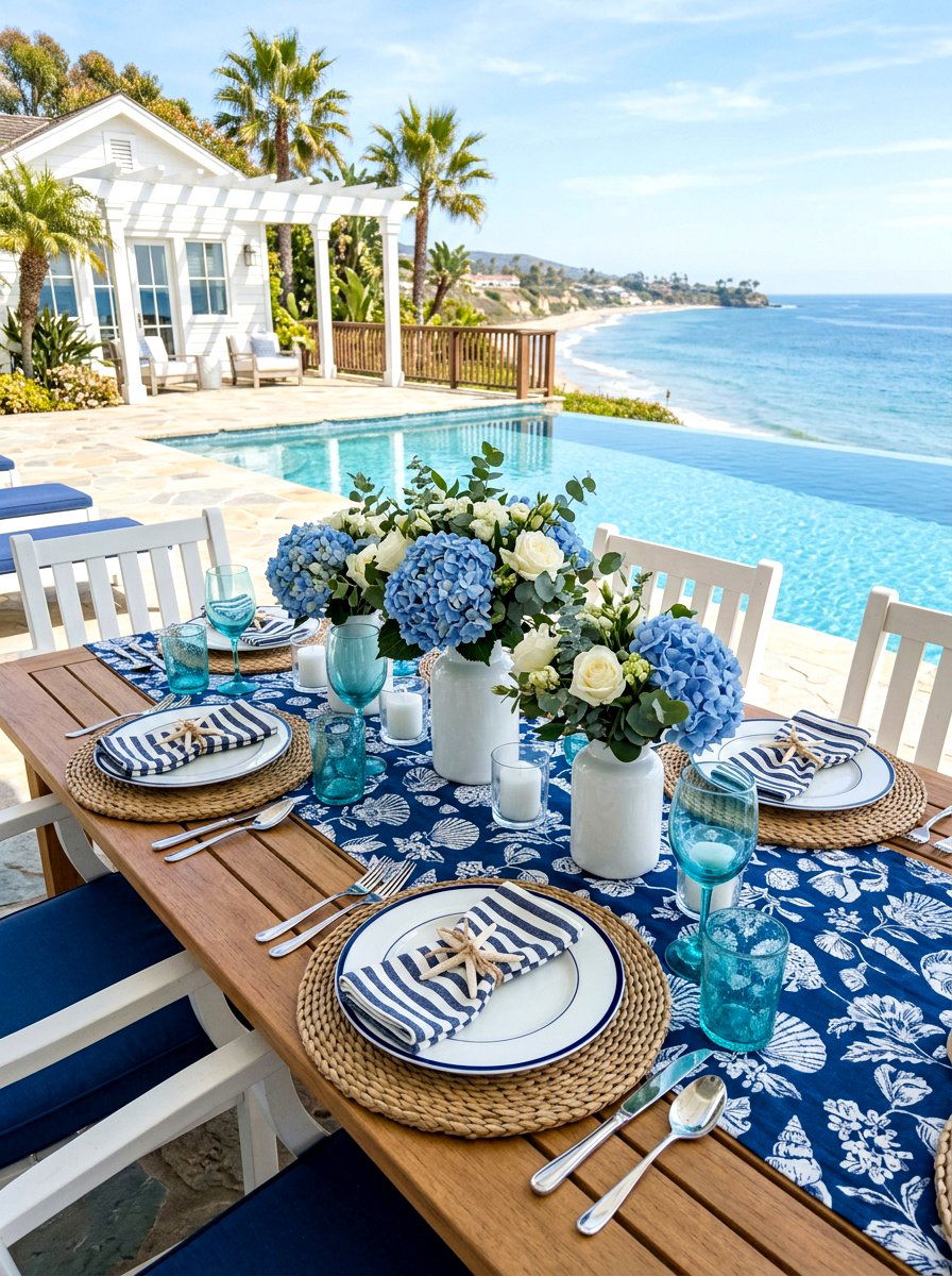 Coastal Blue White Setting - 30 pool party tablescape ideas