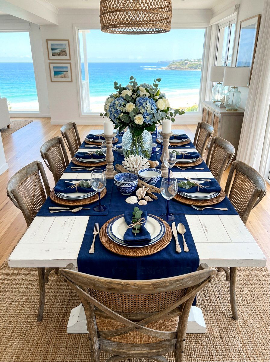Coastal Blue White Table - 30 blue and white table decor ideas