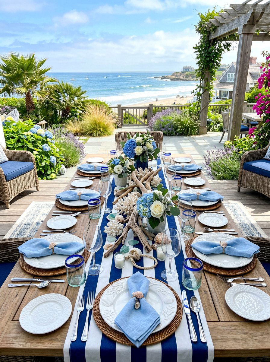 Coastal Blue White Tablescape - 30 garden party tablescape ideas