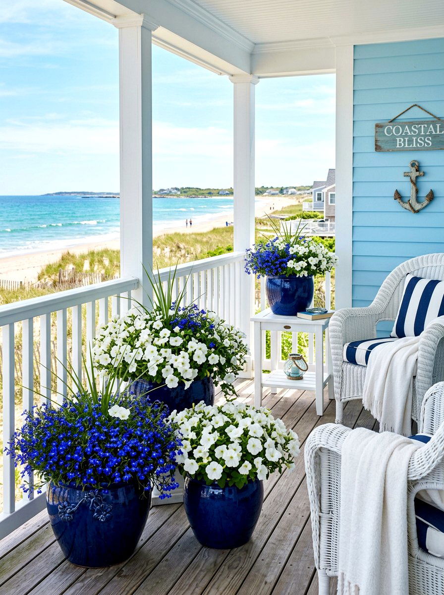 Coastal Blue and White Flowers - 30 porch planter arrangement ideas for summer