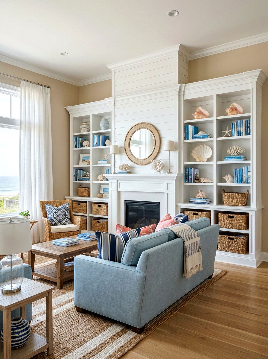 Coastal Chic Family Room Built In - 30 bookshelf styling ideas