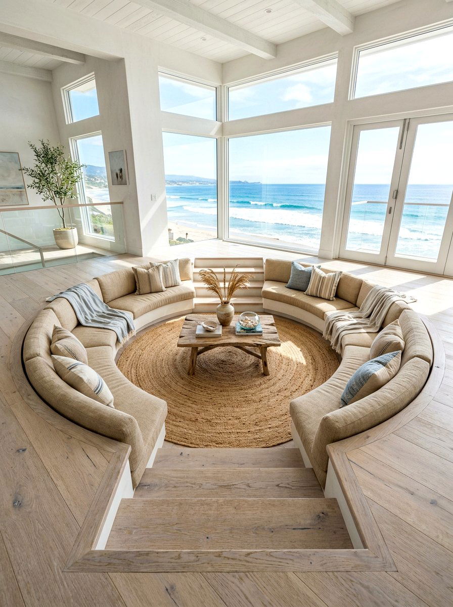 Coastal Conversation Pit - 30 step down living room ideas