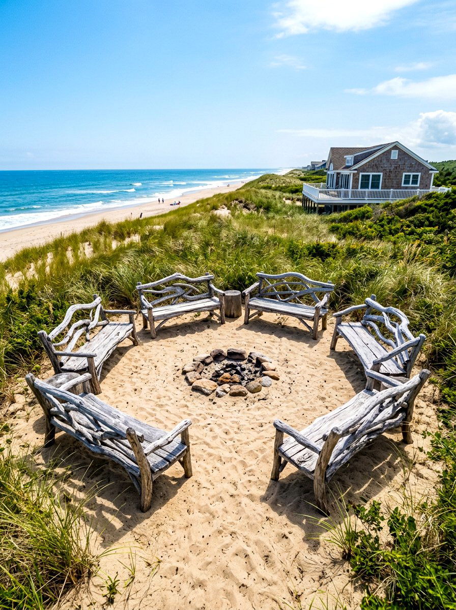 Coastal Driftwood Bench Area - 30 backyard seating circle ideas