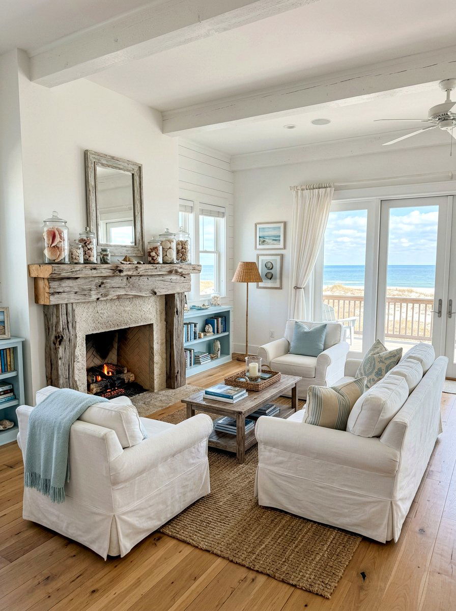 Coastal Driftwood Mantel - 30 fireplace mantel ideas