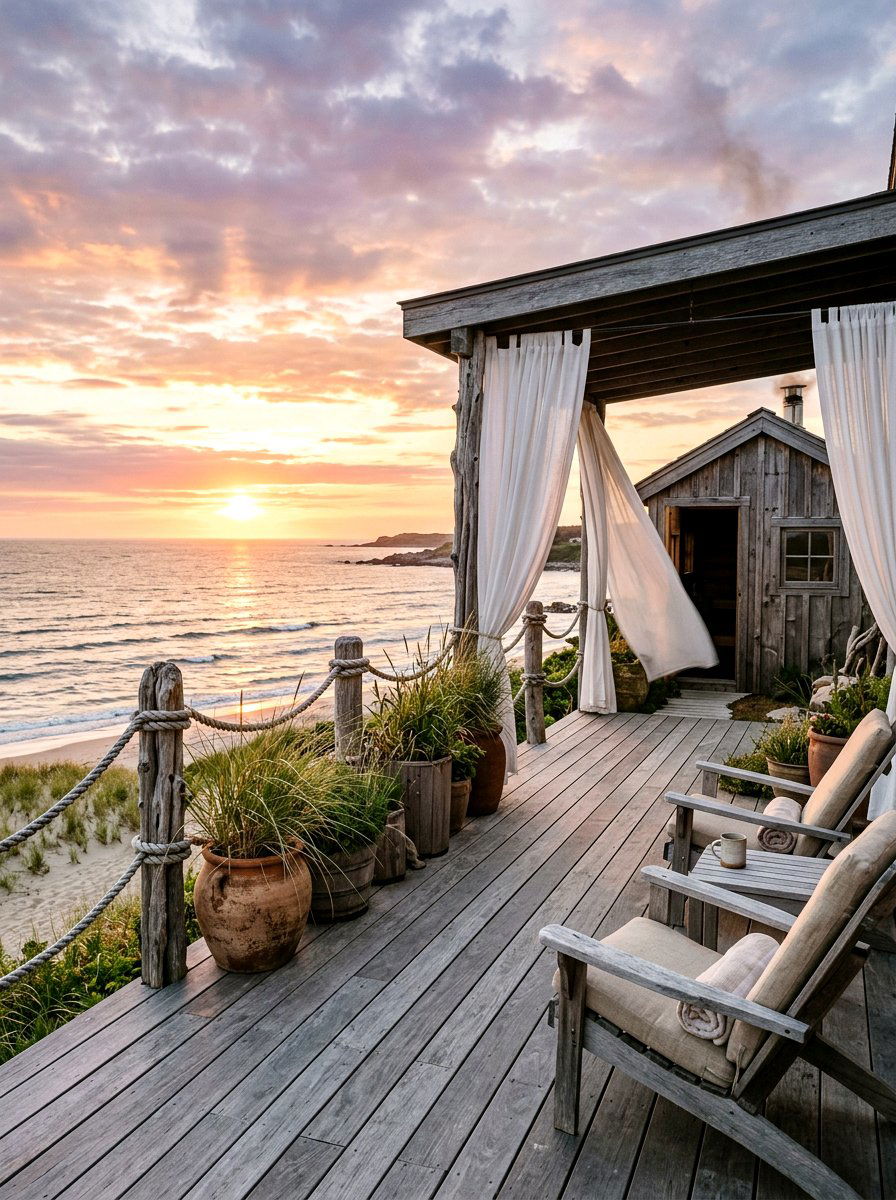 Coastal Driftwood Sauna Deck - 30 sauna patio retreat ideas