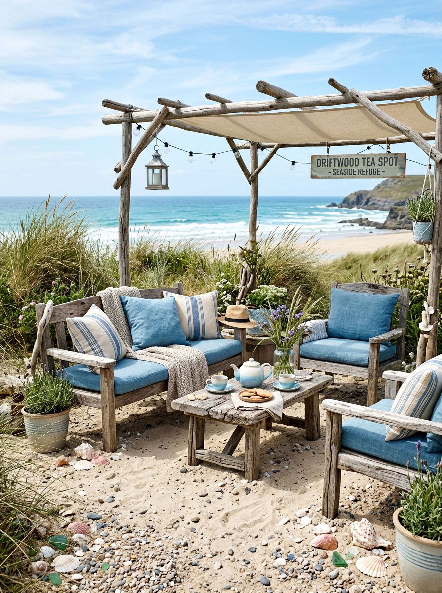 Coastal Driftwood Tea Spot - 30 tea garden corner ideas