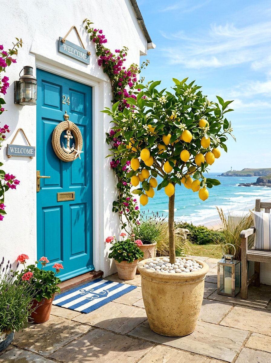 Coastal Entryway Potted Lemon Tree - 30 potted citrus front entry ideas