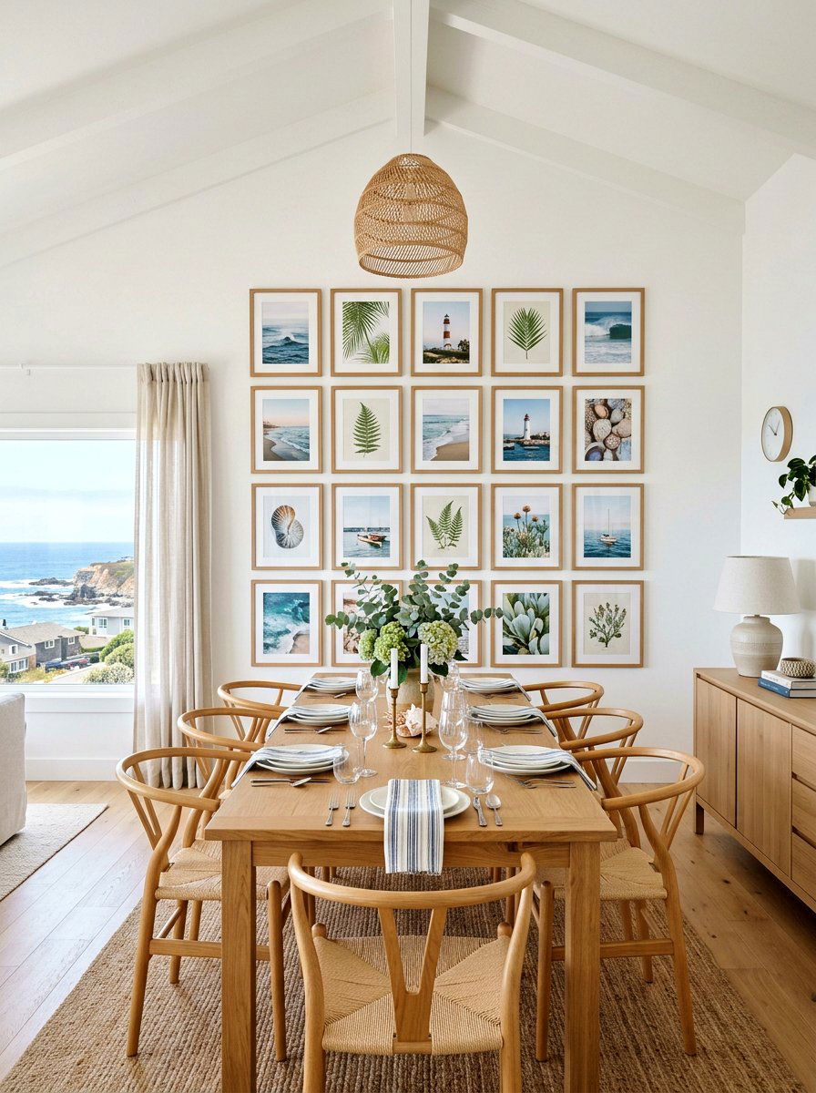 Coastal Gallery Wall Dining - 30 coastal dining room ideas