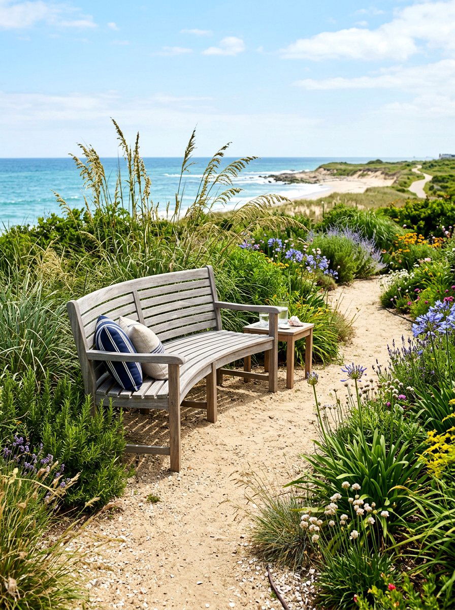 Coastal Garden With Curved Wood Bench - 30 curved bench garden ideas