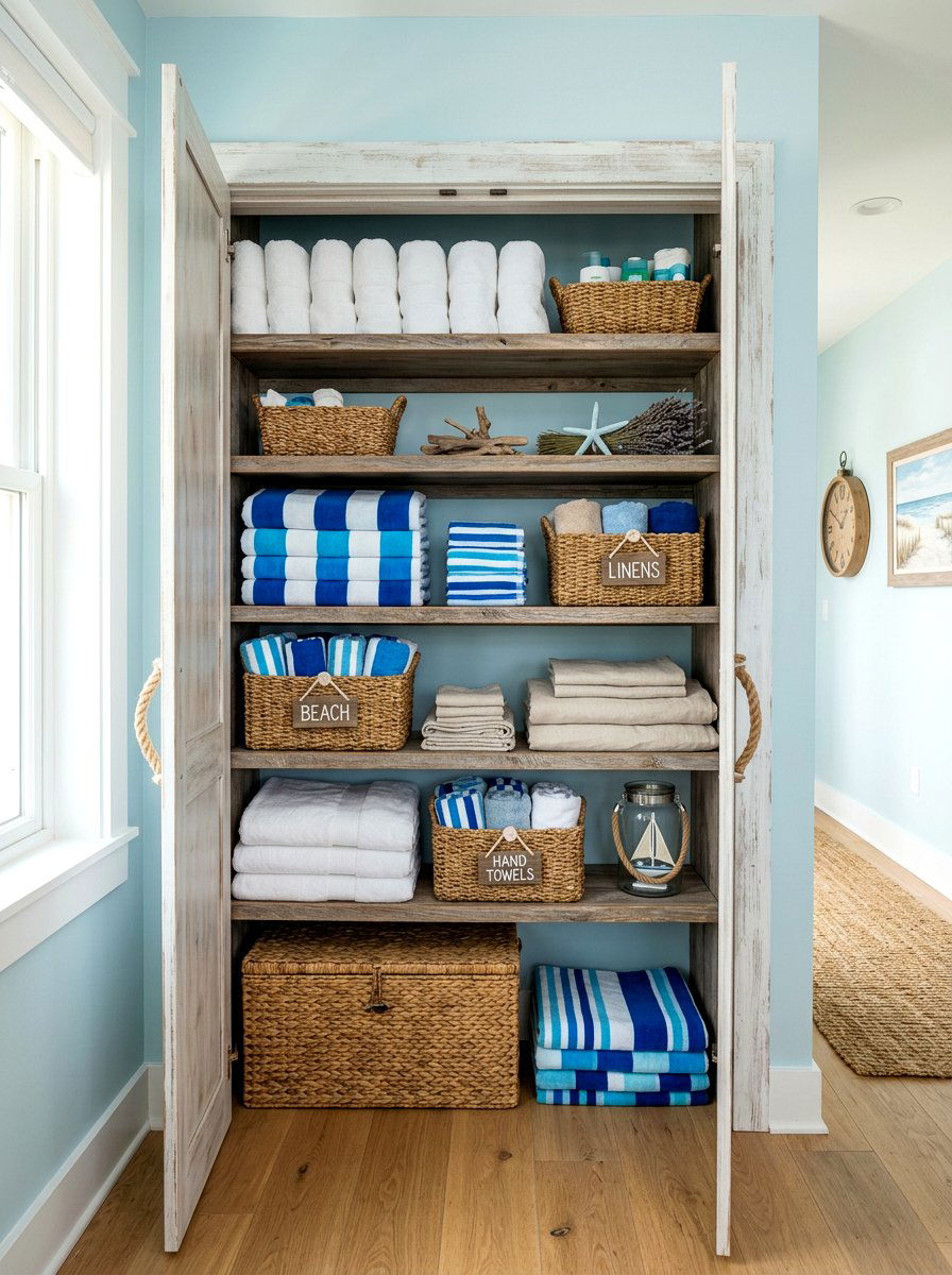 Coastal Linen Closet - 30 organizing a linen closet ideas