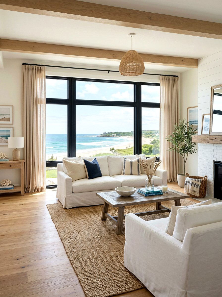 Coastal Linen Living Room - 30 tailored drapery living room ideas