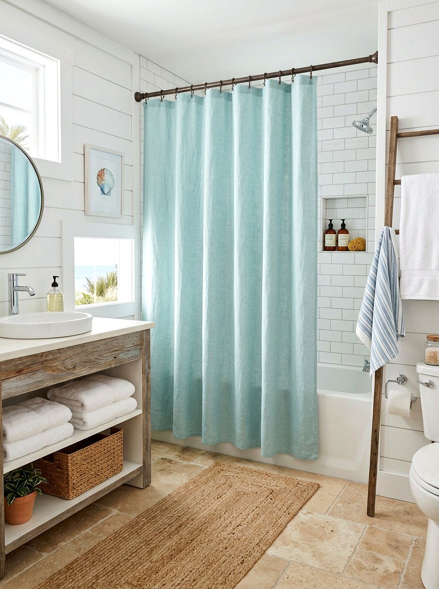 Coastal Linen Shower Curtain - 30 linen shower curtain ideas