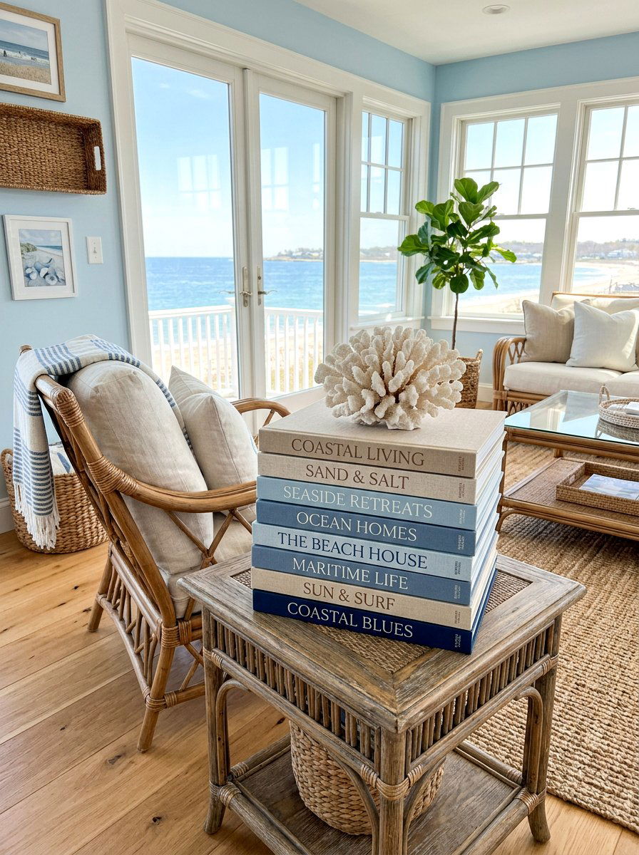 Coastal Linen Wrapped Books - 30 stacked book table ideas