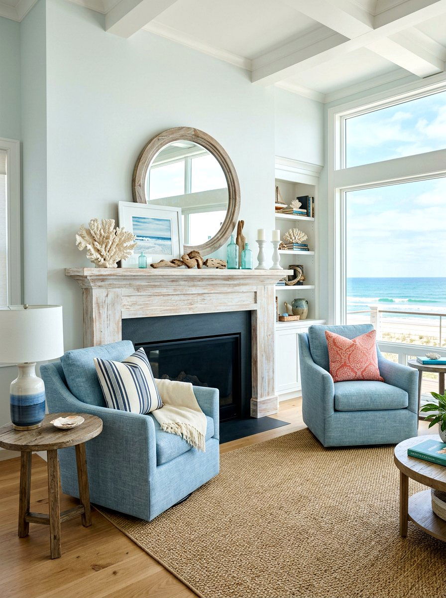 Coastal Living Room - 30 mantel shelf styling ideas