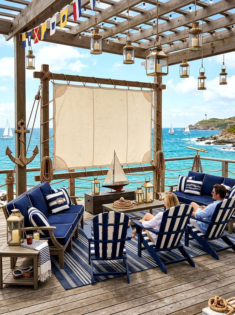 Coastal Nautical Deck Setup - 30 outdoor movie patio ideas