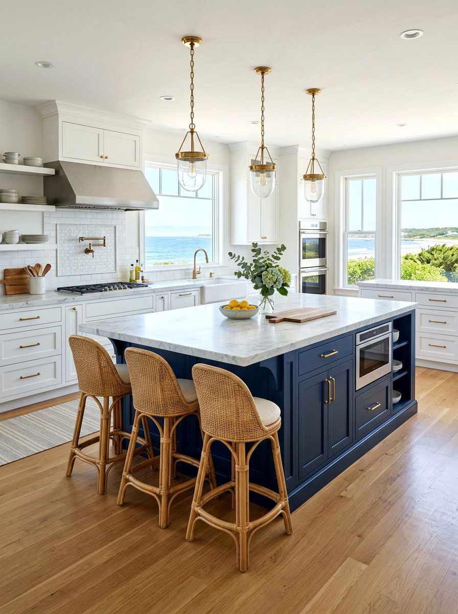 Coastal Navy Kitchen Island - 30 coastal home decor ideas