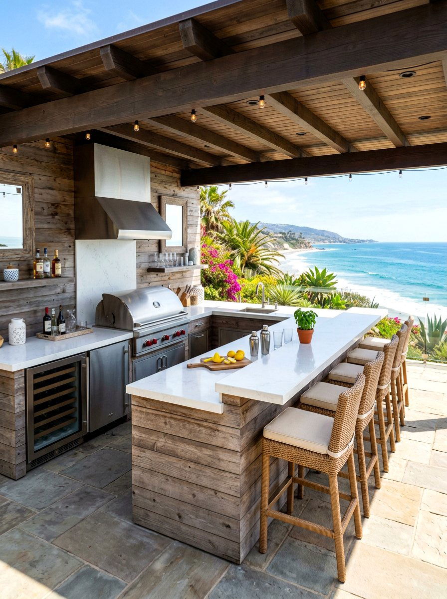 Coastal Outdoor Kitchen With Bar - 30 coastal backyard ideas
