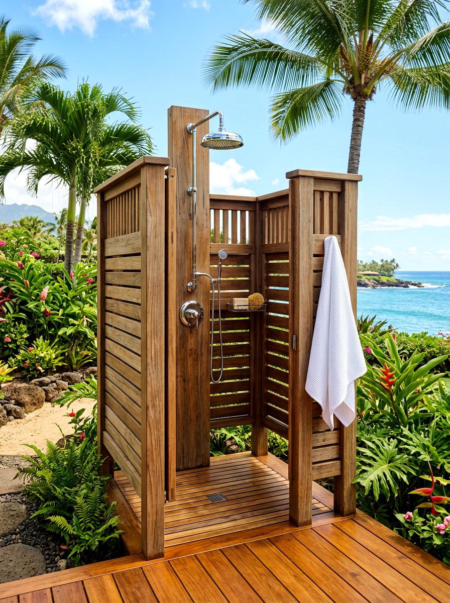 Coastal Outdoor Wood Shower - 30 coastal home decor ideas