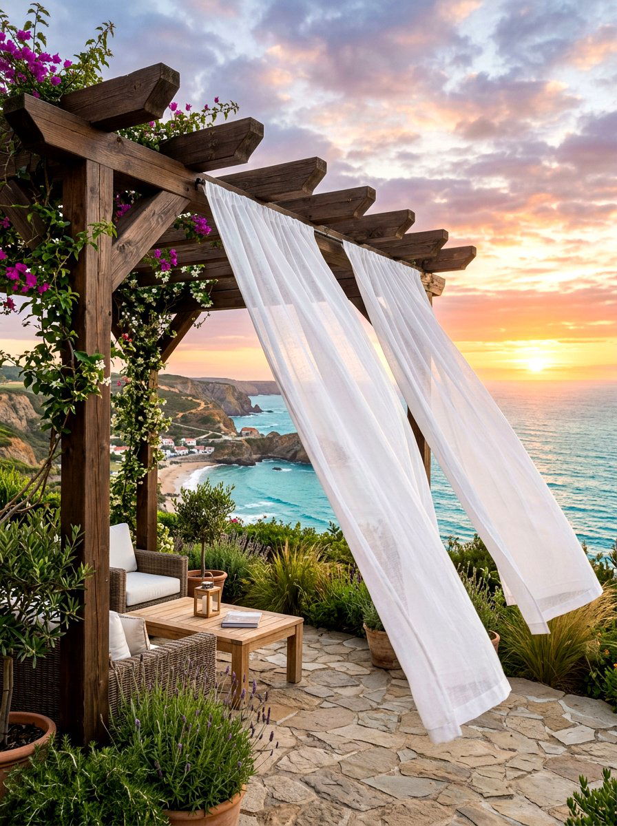Coastal Pergola Sheer Curtains - 30 breezy coastal patio ideas