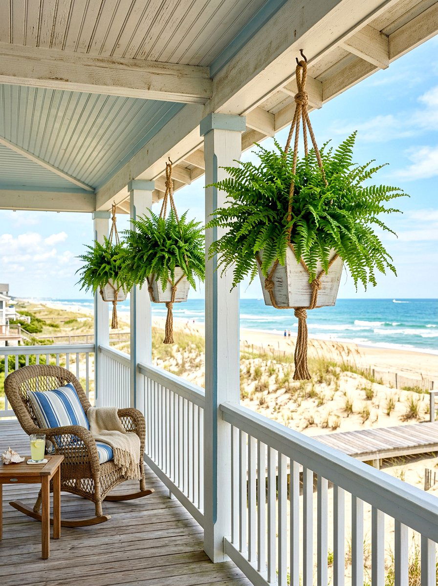 Coastal Porch Hanging Fern - 30 hanging fern porch ideas